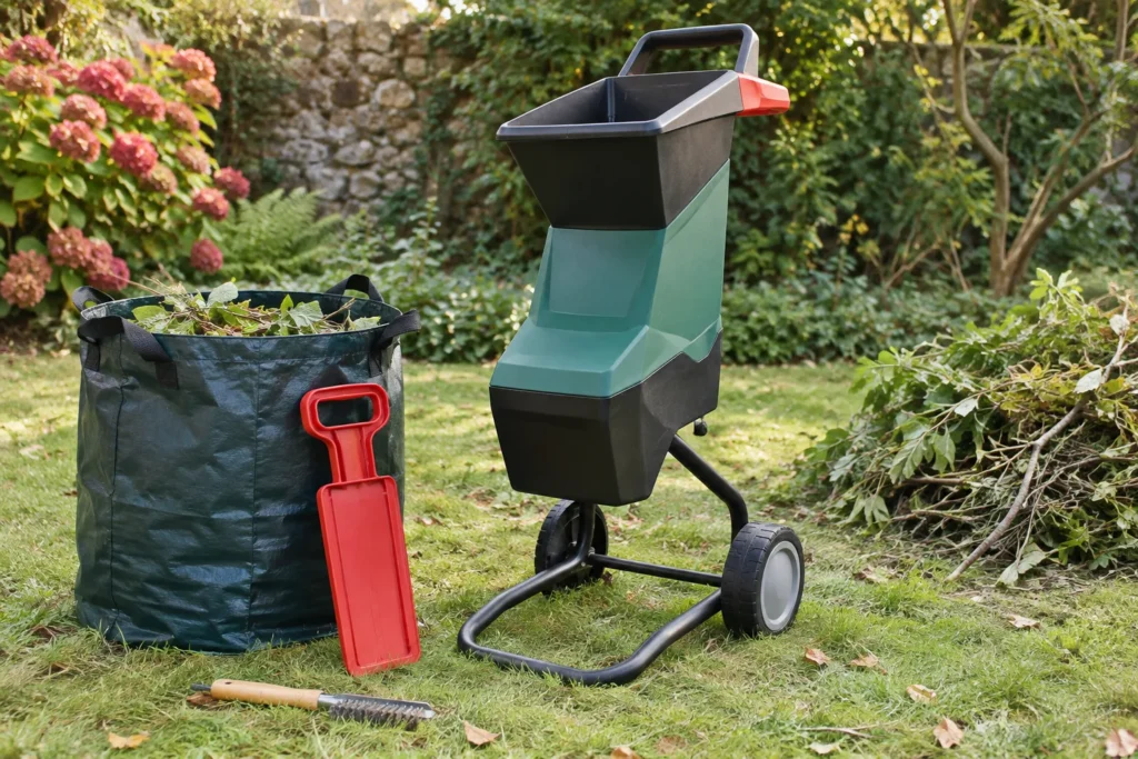 Broyeur de branches à l’arrêt avec un sac de collecte, un poussoir et un outil posés à côté.