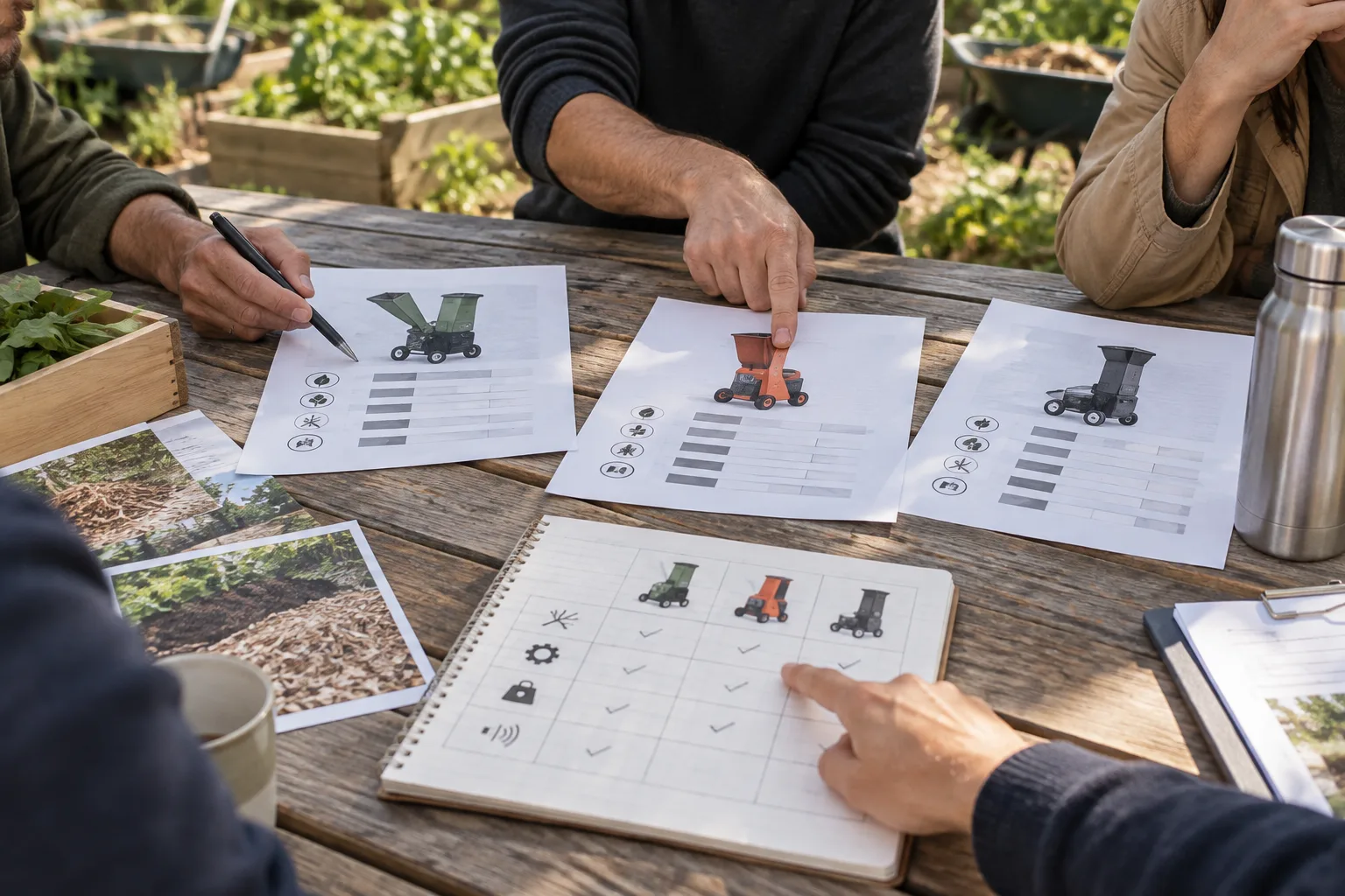 Des mains comparent plusieurs fiches techniques de broyeurs sur une table de jardin.
