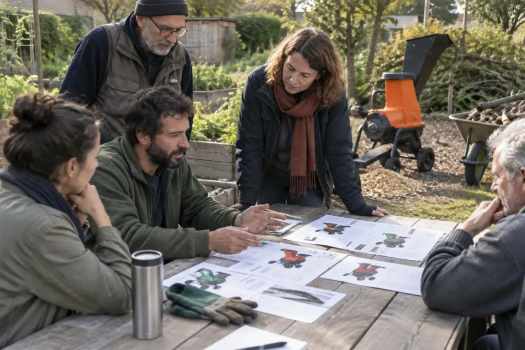 Des jardiniers comparent des fiches de broyeurs sur une table dans un jardin partagé, près d’un broyeur de branches.