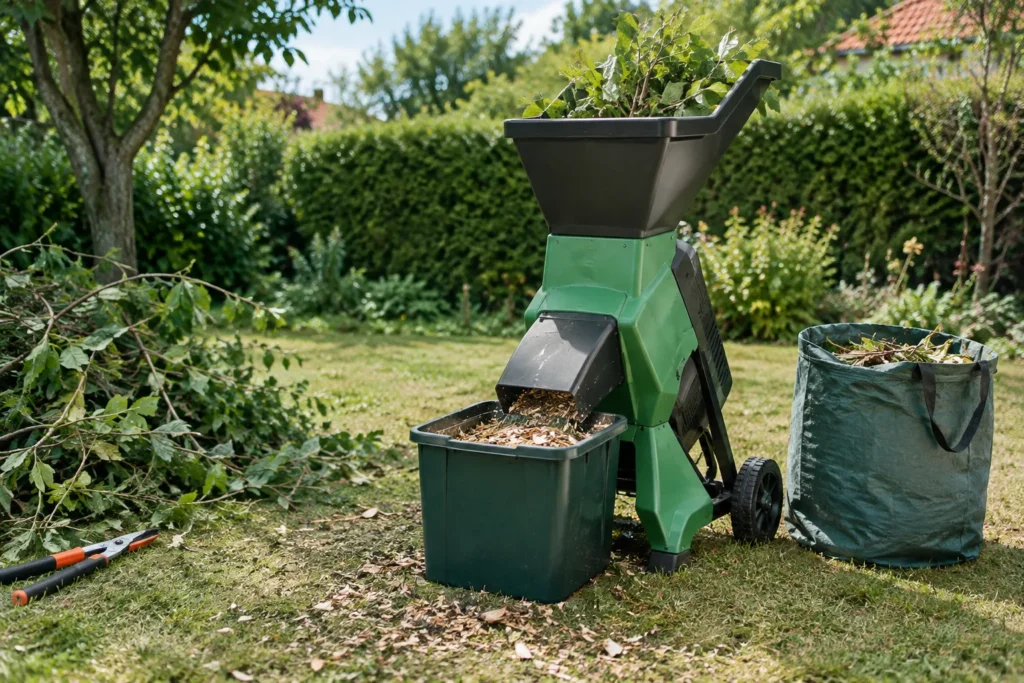 Broyeur de branches avec bac de récupération sous la sortie et sac de collecte posé à côté dans un jardin.