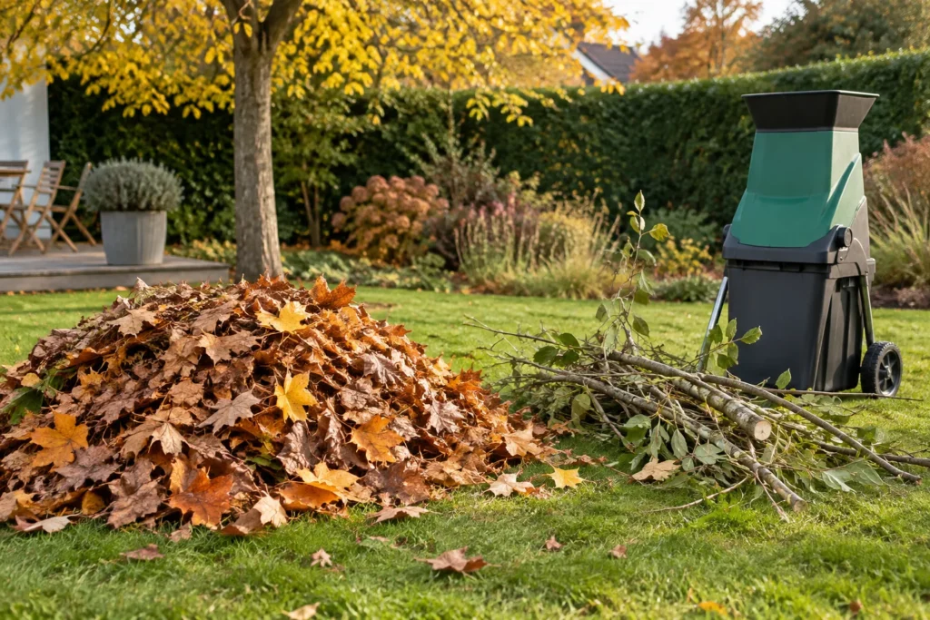 Tas de feuilles mortes et rameaux de taille placés à côté d’un broyeur de branches dans un jardin.