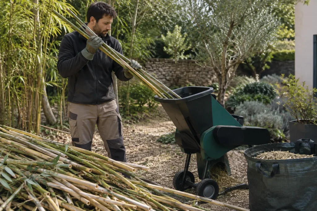Chaumes de bambou coupés et disposés à côté d’un broyeur de jardin dans une zone de travail extérieure.