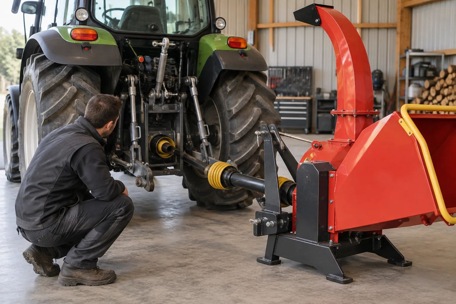 Arrière d’un tracteur et broyeur de branches rapprochés pour vérifier leur attelage.