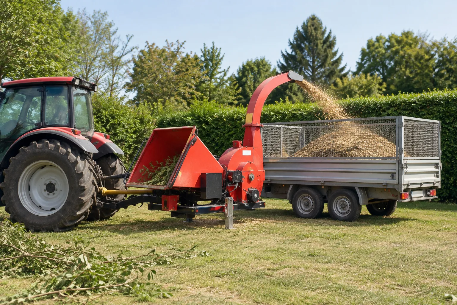 La goulotte d’un broyeur de branches dirige le broyat vers une remorque.