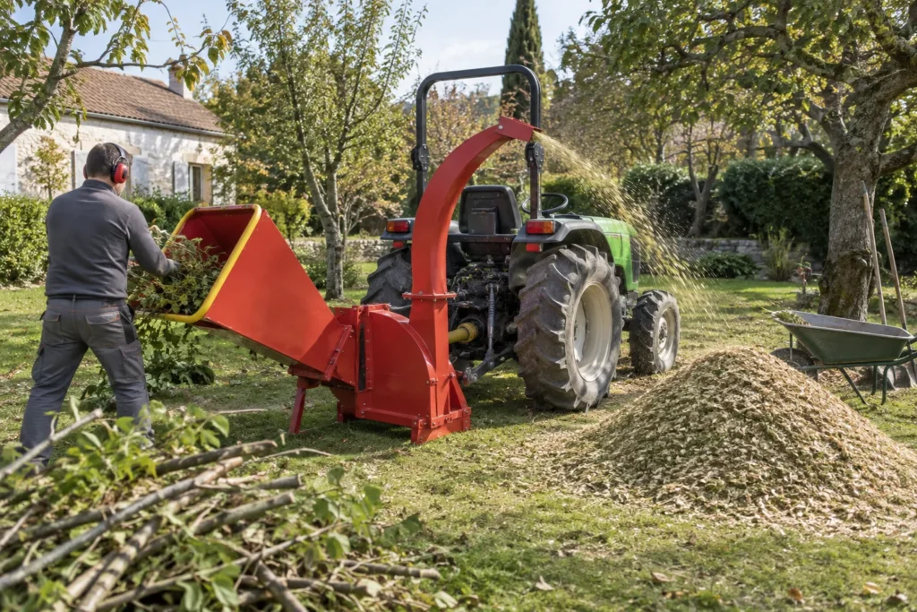 Un broyeur de branches attelé à l’arrière d’un tracteur dans un jardin.