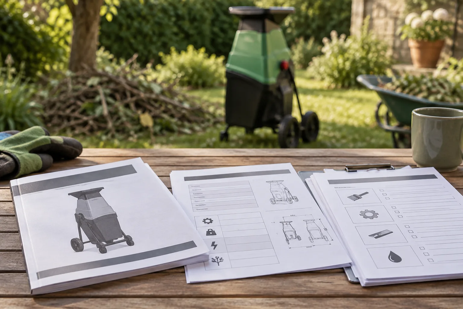 Notice et documents d’entretien posés sur une table devant un broyeur de branches.