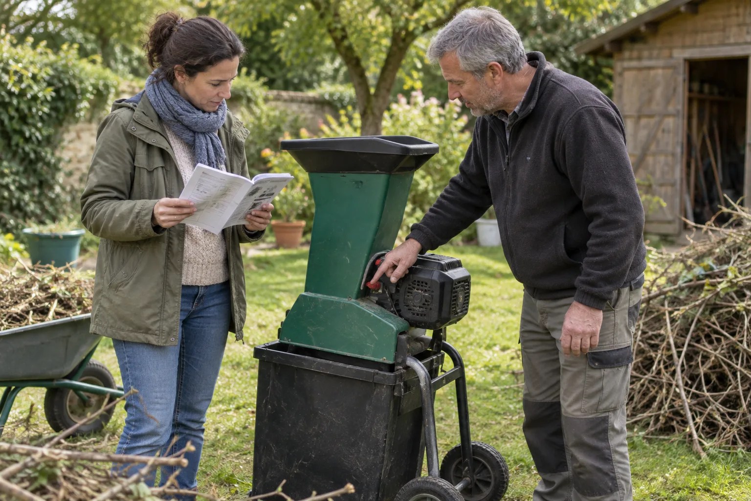 Deux personnes consultent la notice et regardent ensemble un broyeur de branches dans un jardin.