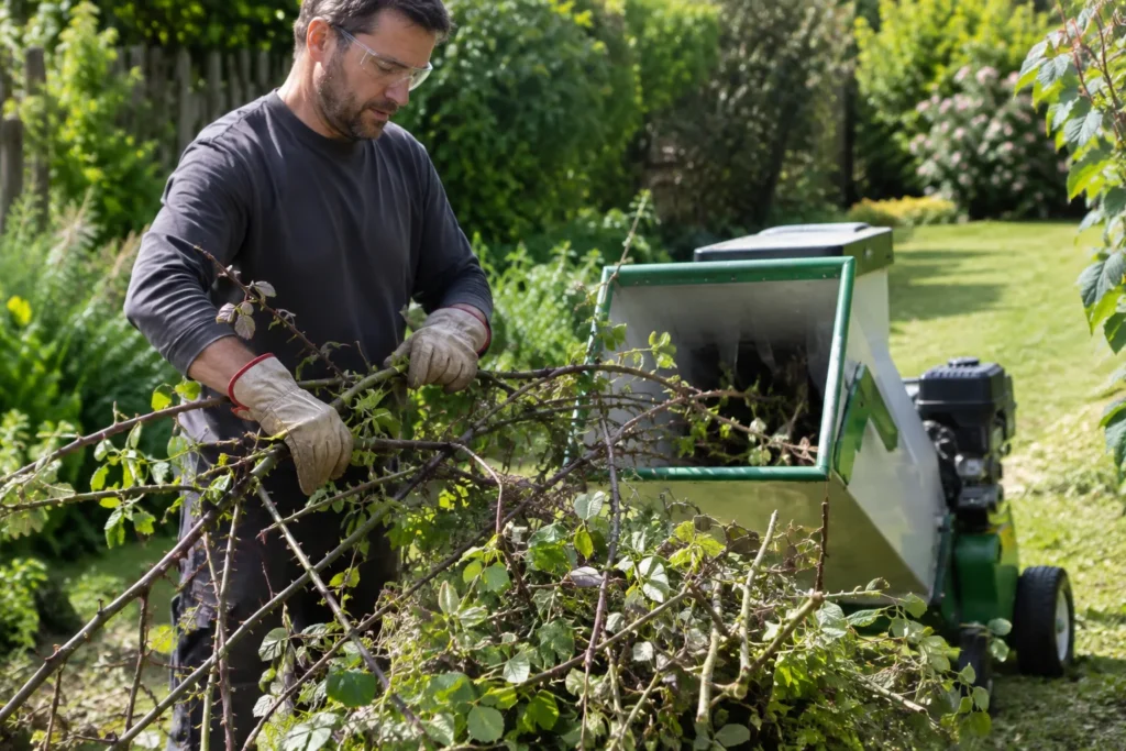 Des rameaux de ronces épineux sont préparés près d’un broyeur de branches dans un jardin.