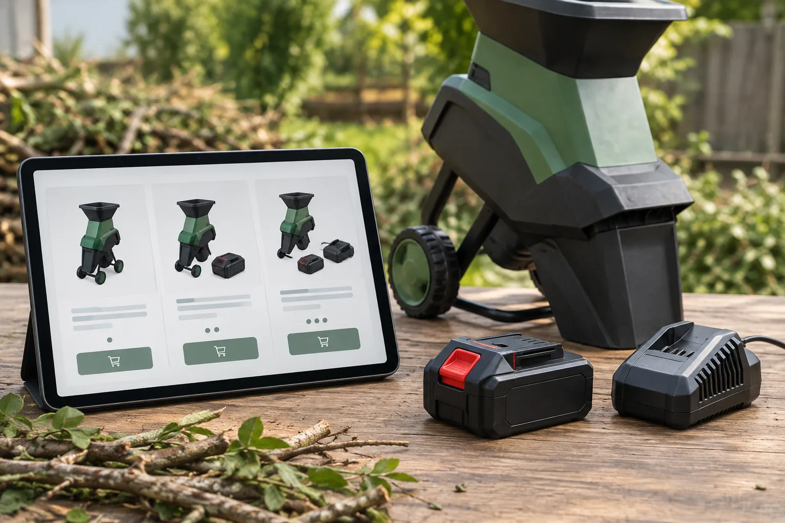 Tablette présentant une fiche produit générique à côté d’un broyeur, d’une batterie et d’un chargeur.