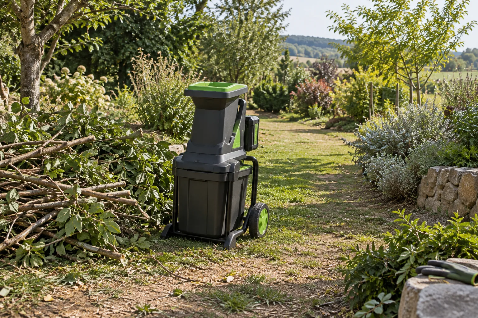 Broyeur de branches sur batterie placé près d’une zone de taille éloignée de la maison.