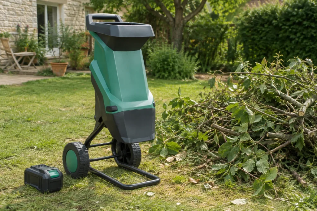 Broyeur de branches sans fil installé près d’un tas de branches fraîchement taillées, avec sa batterie posée au sol.