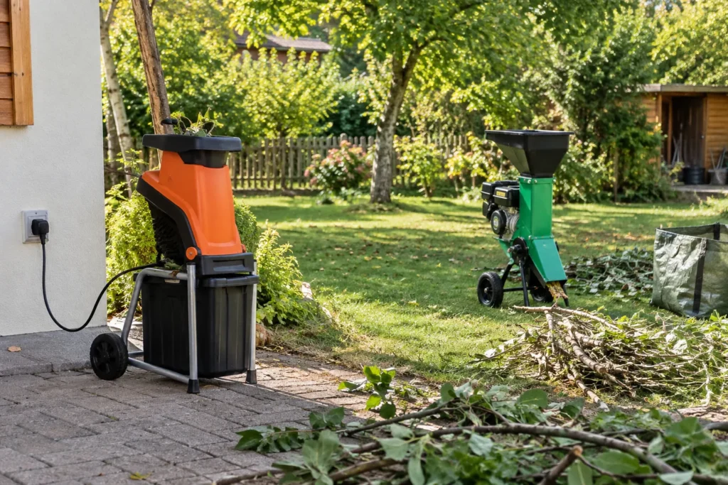 Deux broyeurs de branches dans un jardin, l’un près d’une prise extérieure et l’autre installé à distance.