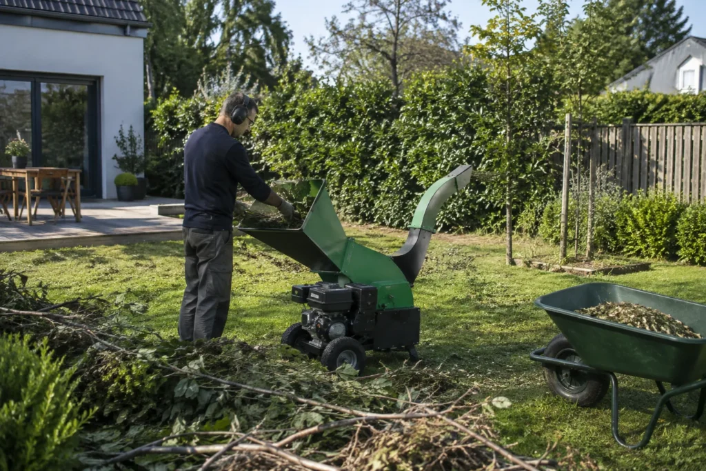 Broyeur de branches installé à distance d’une terrasse dans un jardin résidentiel bordé de haies et de clôtures.
