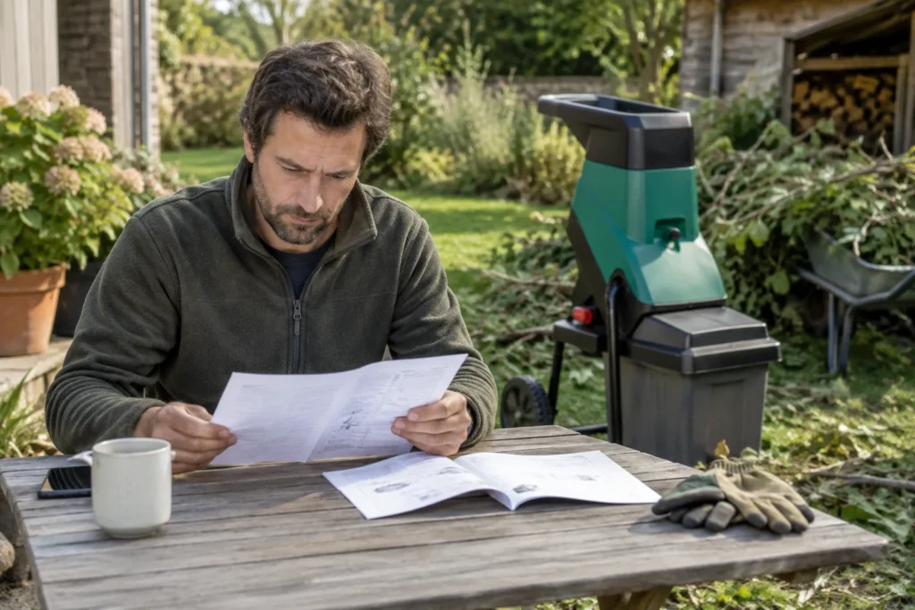 Une personne consulte des documents posés sur une table près d’un broyeur de branches dans un jardin.