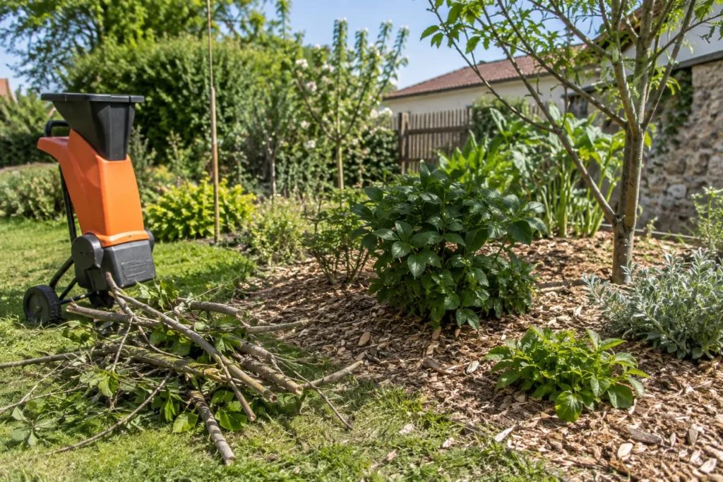Broyat de branches répandu autour de plantes dans un jardin, avec un broyeur placé à proximité.