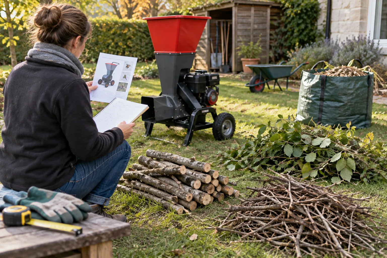 Une personne compare une fiche produit à des lots de branches réunis près d’un broyeur.