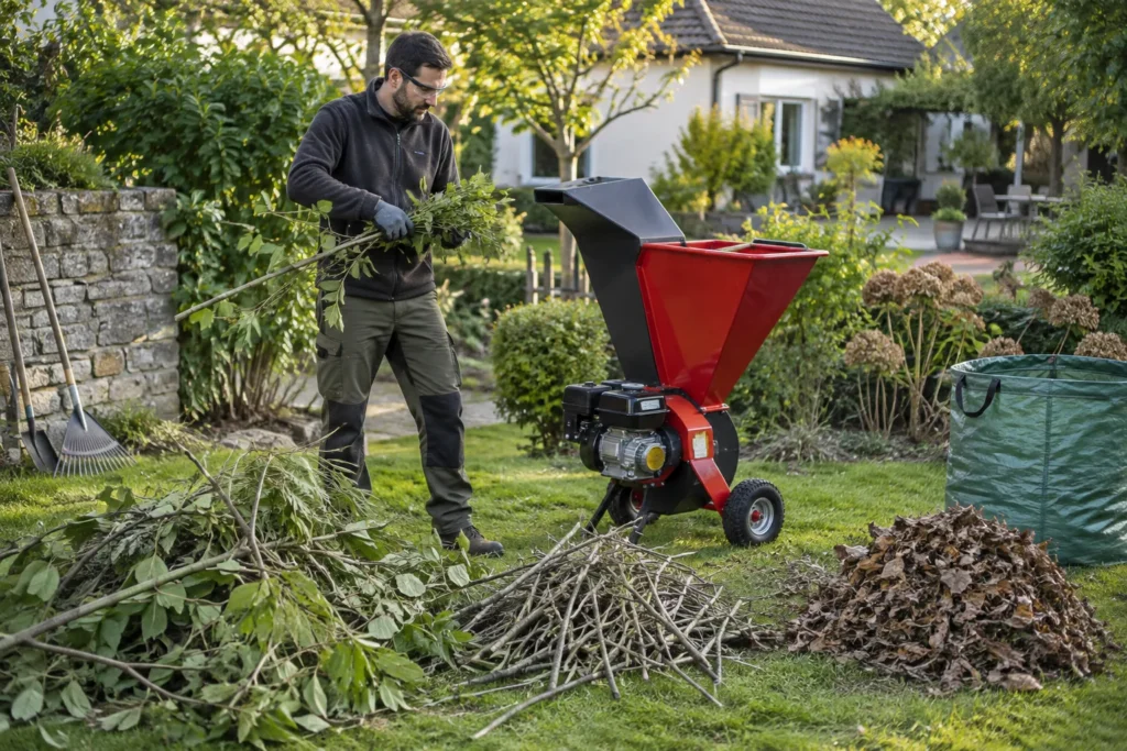 Un broyeur de branches installé près de lots de végétaux préparés dans un jardin.