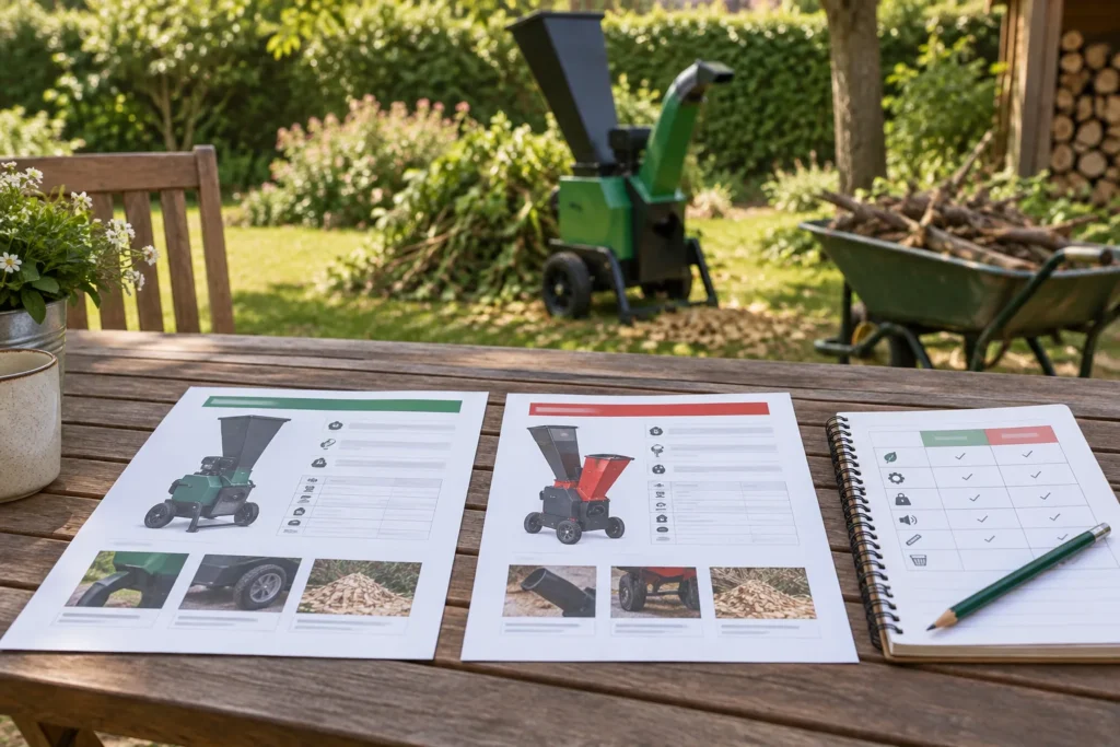 Deux fiches produit ouvertes à côté d'un carnet de comparaison et d'un broyeur de branches dans un jardin.