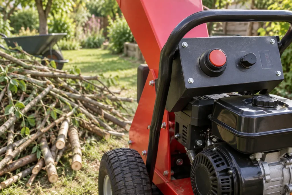 Gros plan sur la commande de démarrage d’un broyeur de branches thermique installé dans un jardin.
