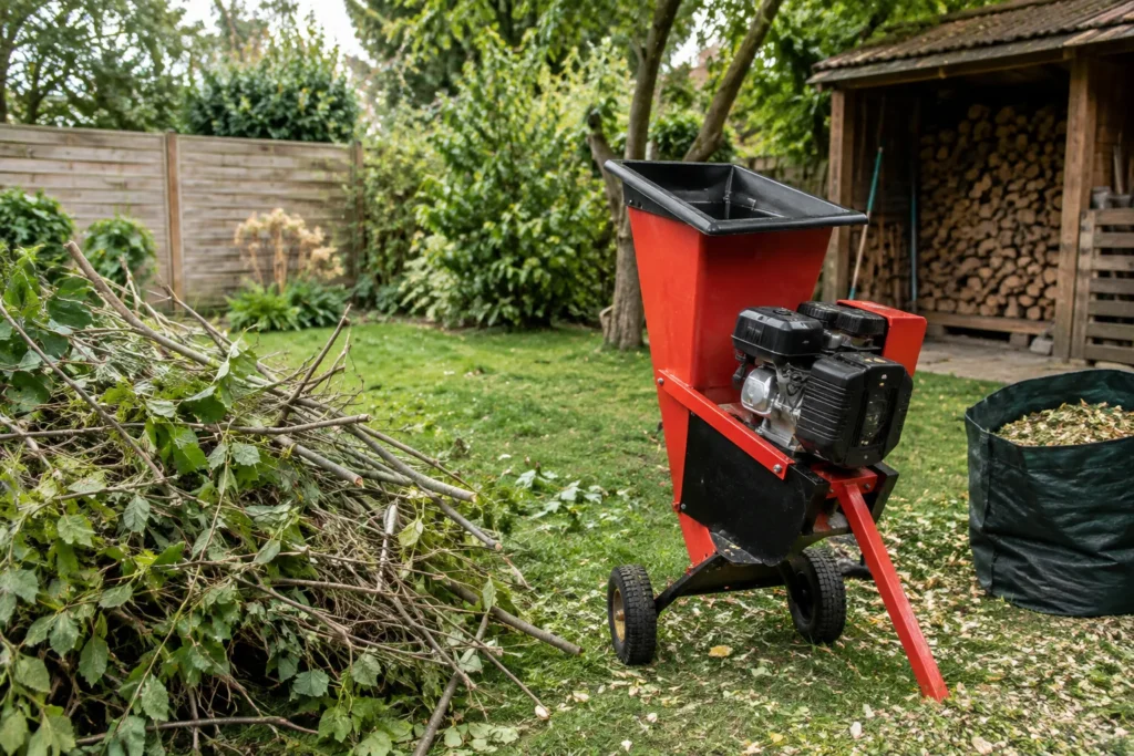 Broyeur de branches installé dans un jardin, près d’un tas de branchages et d’un abri de rangement.