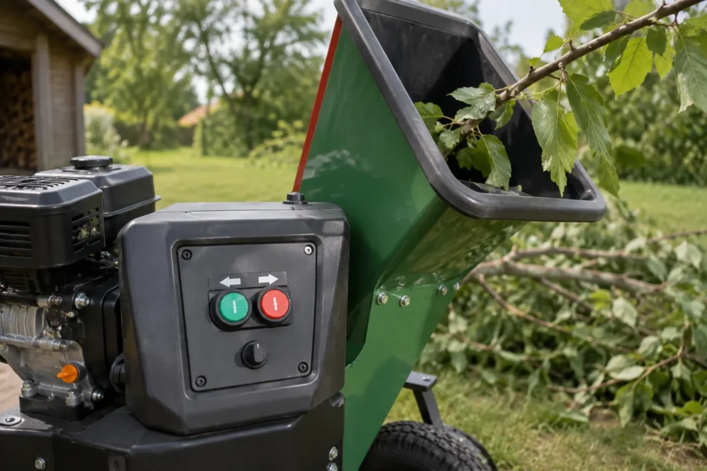 Panneau de commande d’un broyeur de branches avec les symboles de marche avant et arrière, près de sa goulotte d’alimentation.