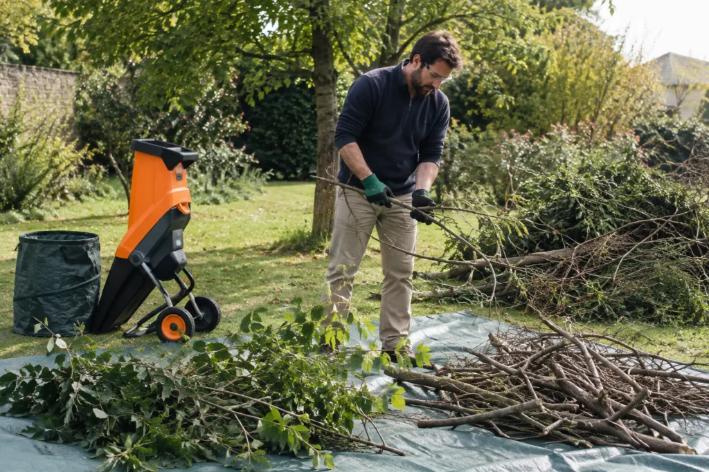 Un jardinier trie des rameaux et des branches coupées sur une bâche, à côté d’un broyeur installé dans le jardin.