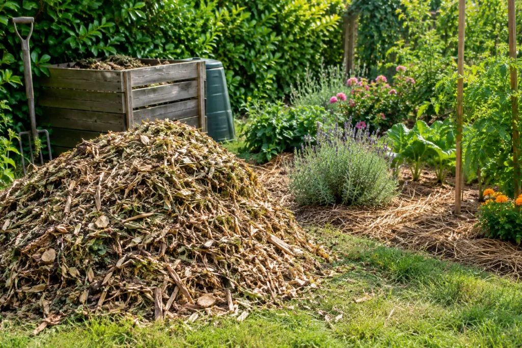 Tas de copeaux de branches près d’un massif paillé et d’un bac à compost dans un jardin.