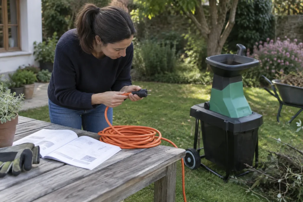 Une personne consulte la notice d’un broyeur électrique en examinant une rallonge déroulée à côté de l’appareil.
