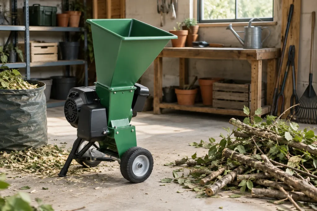 Broyeur de branches placé dans un atelier de jardinage, avec des branches à côté de sa trémie.