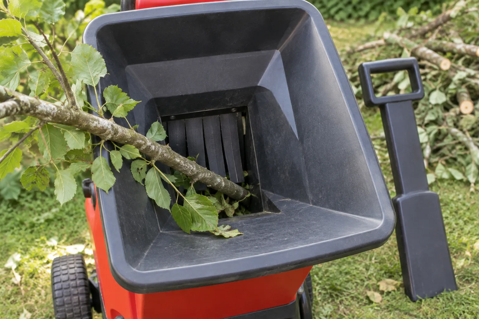 Trémie d’un broyeur de branches avec une branche à introduire et un poussoir posé à côté.