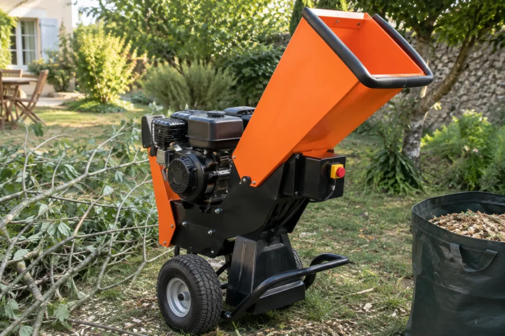 Broyeur de branches dans un jardin, avec la trémie et le panneau de commandes visibles.