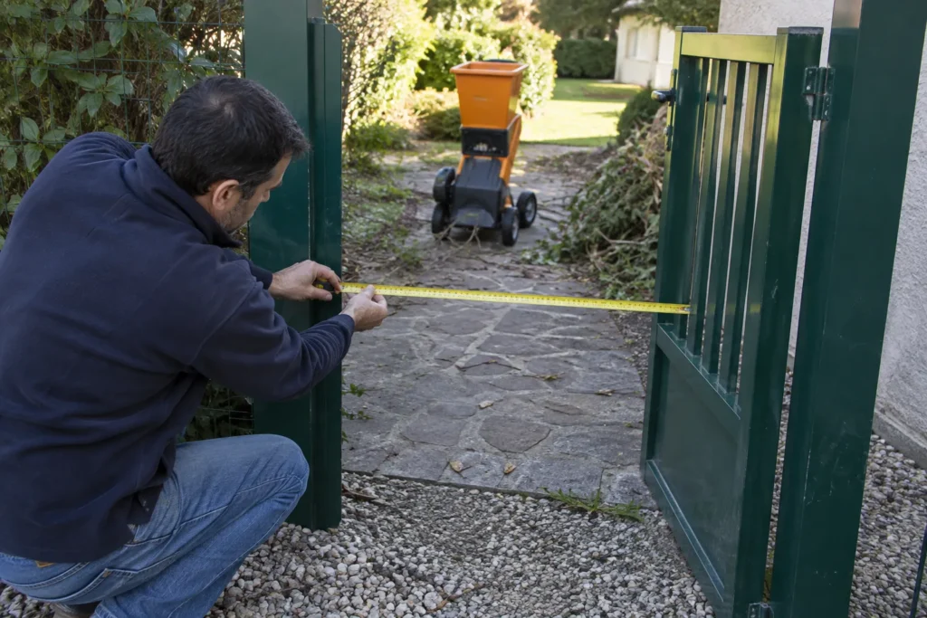Une personne mesure au mètre ruban l’ouverture d’un portillon vers un jardin où se trouve un broyeur de branches.