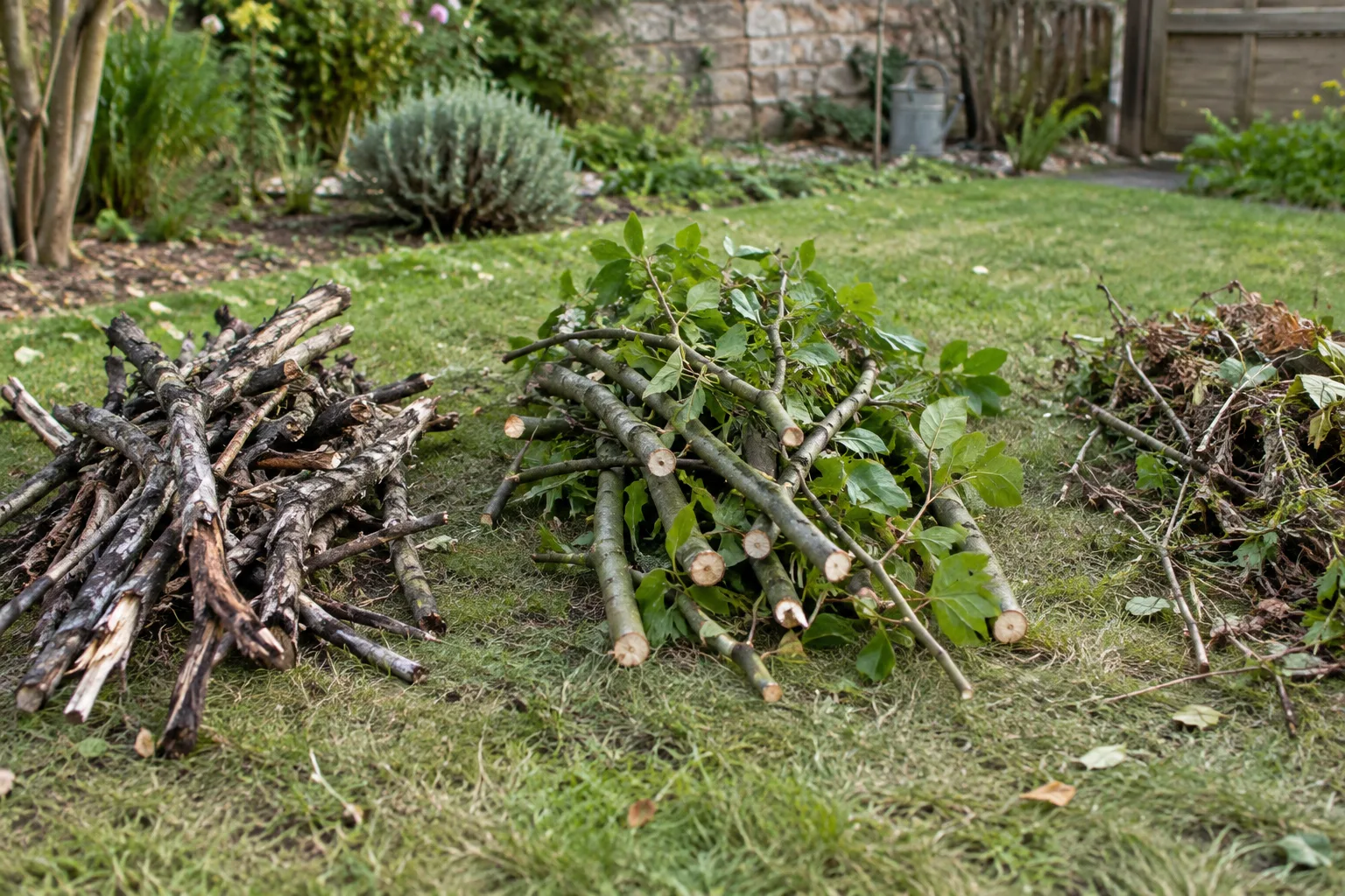 Trois groupes de branches séparés selon leur état dans un jardin.