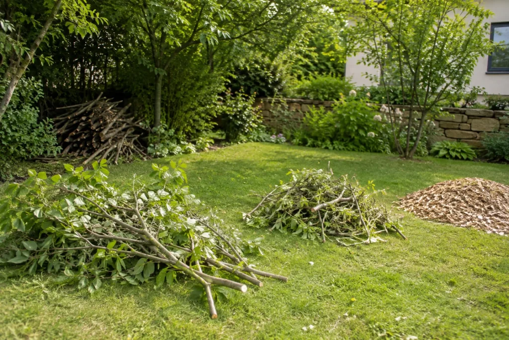 Branches longues, bois mort et broyat regroupés dans différentes zones d’un jardin.