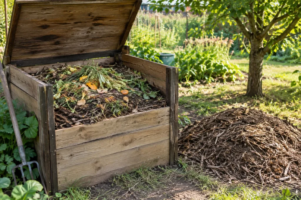 Broyat de branches mélangé à des résidus végétaux dans un composteur ouvert.