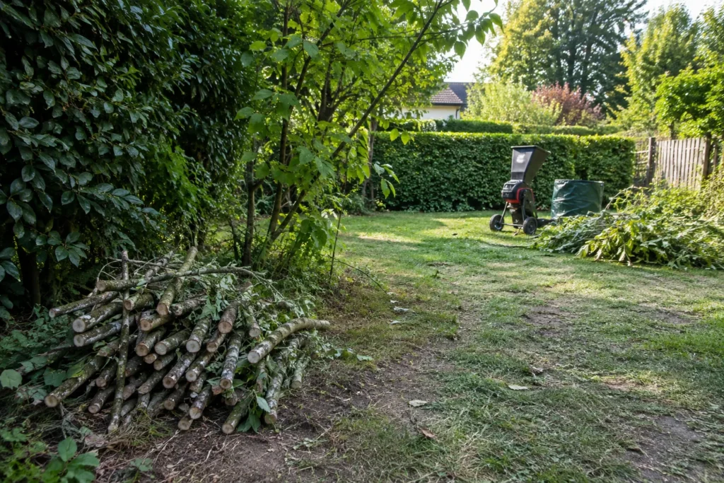 Un tas de branches conservé au bord d’une haie, séparé d’une aire de broyage dégagée.