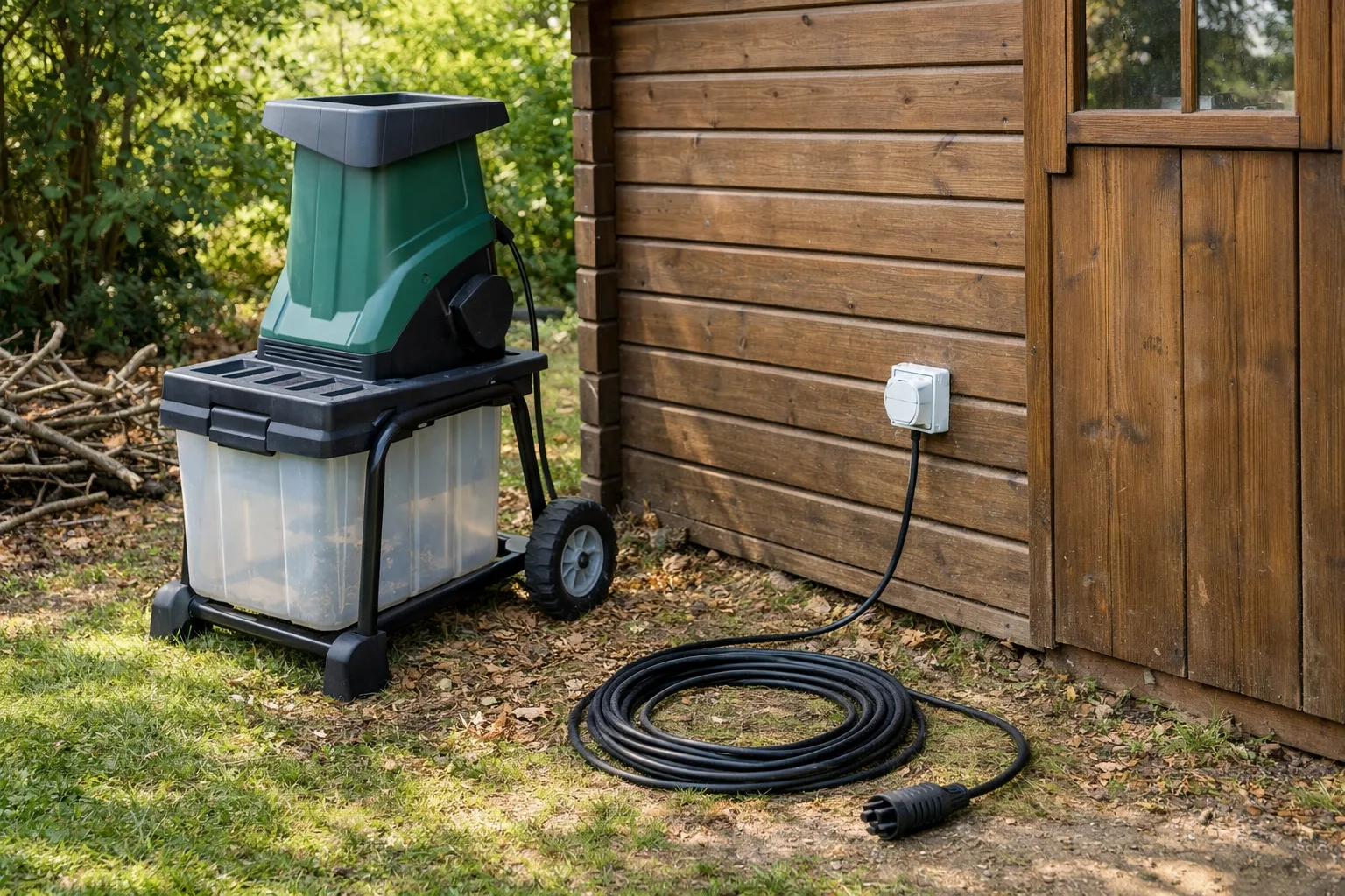 Broyeur électrique de branches et point de raccordement visibles près d’un abri de jardin.