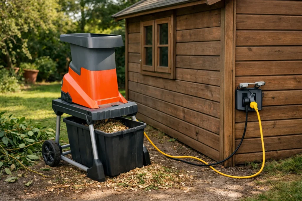 Broyeur électrique de branches installé près d’un abri de jardin où se trouve un point de raccordement.