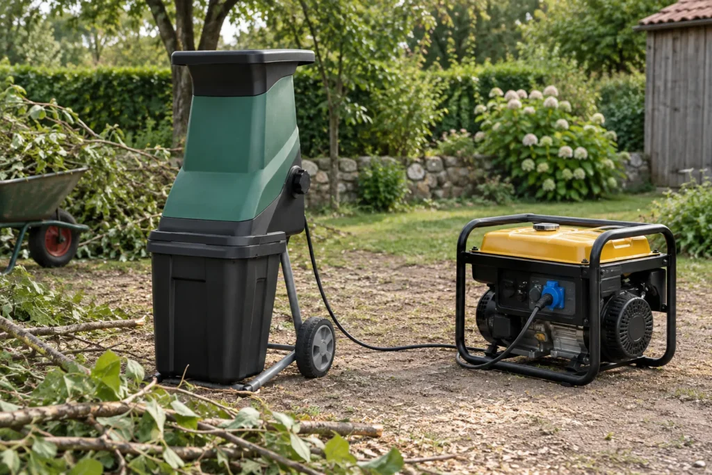 Broyeur de branches électrique et groupe électrogène portable placés côte à côte dans un jardin.