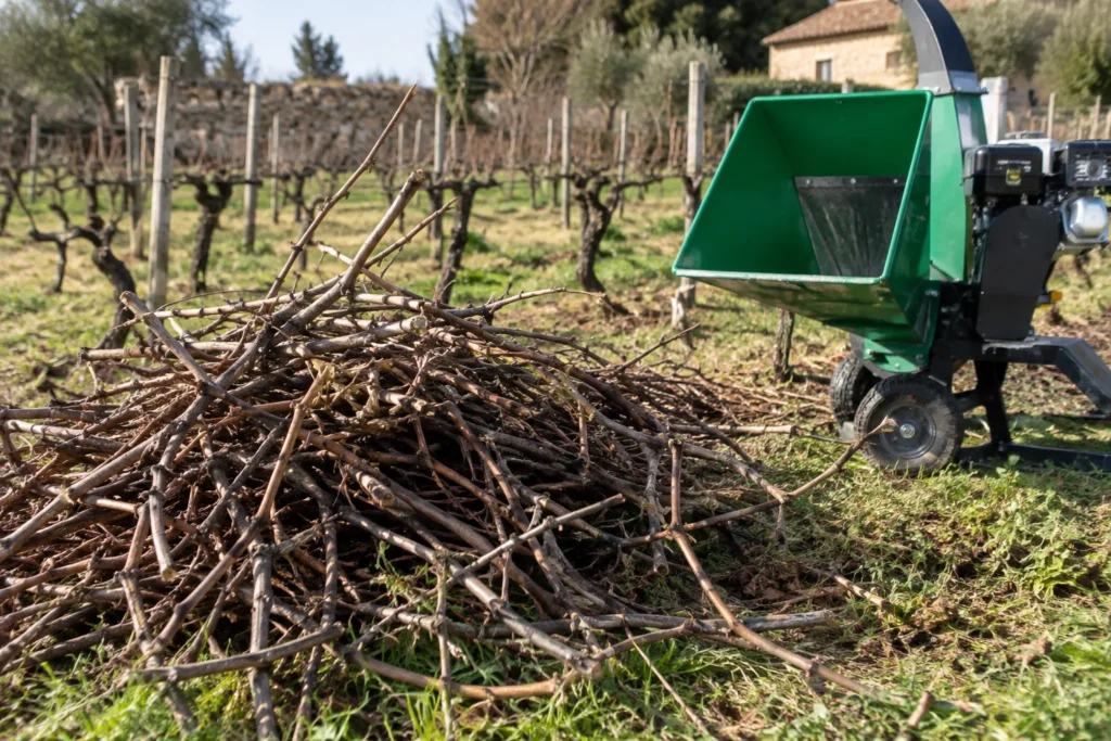 Sarments de vigne taillés regroupés près d’un broyeur de branches dans un jardin.