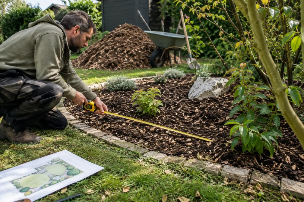 Un jardinier mesure un massif près d’un tas de copeaux de branches et d’un plan du jardin.