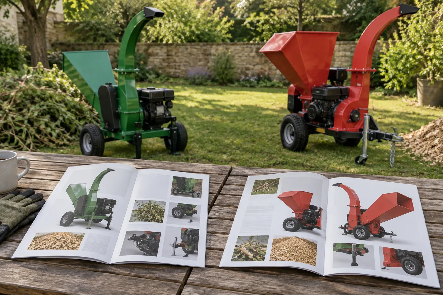 Deux fiches illustrées de broyeurs de branches présentant des goulottes de configurations différentes.