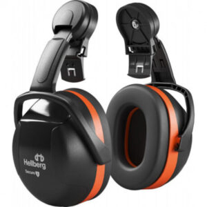 Coquilles antibruit Hellberg orange et noires à monter sur casque de chantier