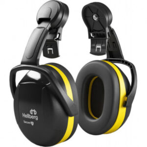 Coquilles antibruit HELLBERG jaunes montées sur casque de chantier, SNR 29 dB