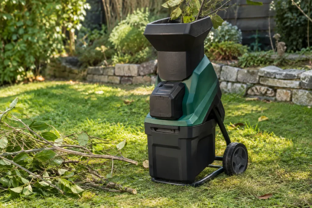 Broyeur de branches électrique à batterie installé dans un jardin, avec sa trémie et des rameaux à proximité.