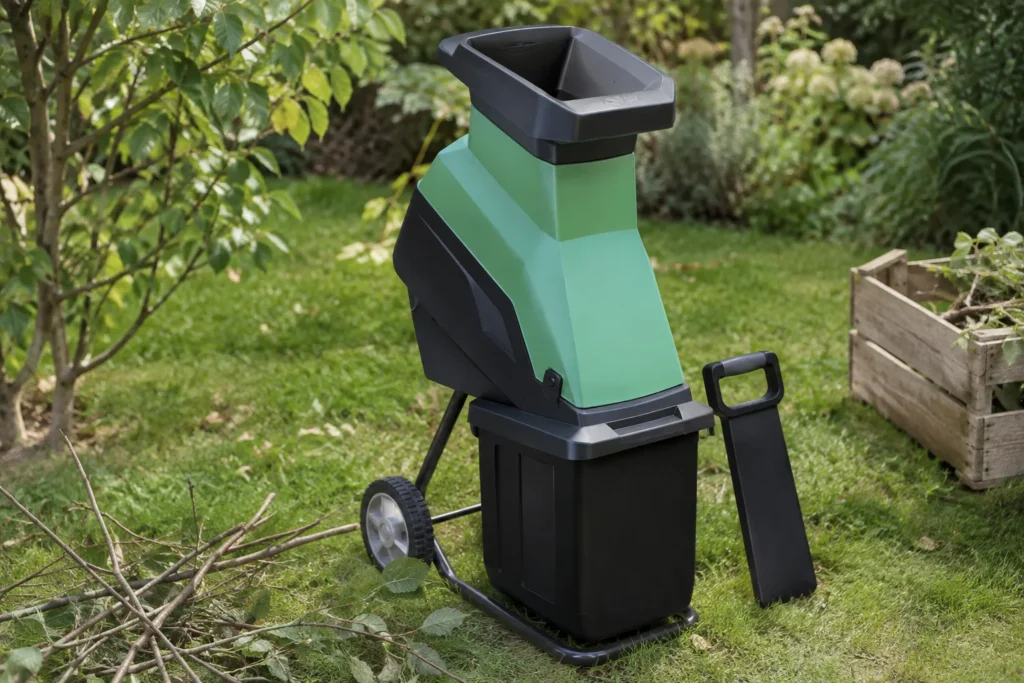 Un poussoir posé à côté de la trémie ouverte d’un broyeur de végétaux dans un jardin.