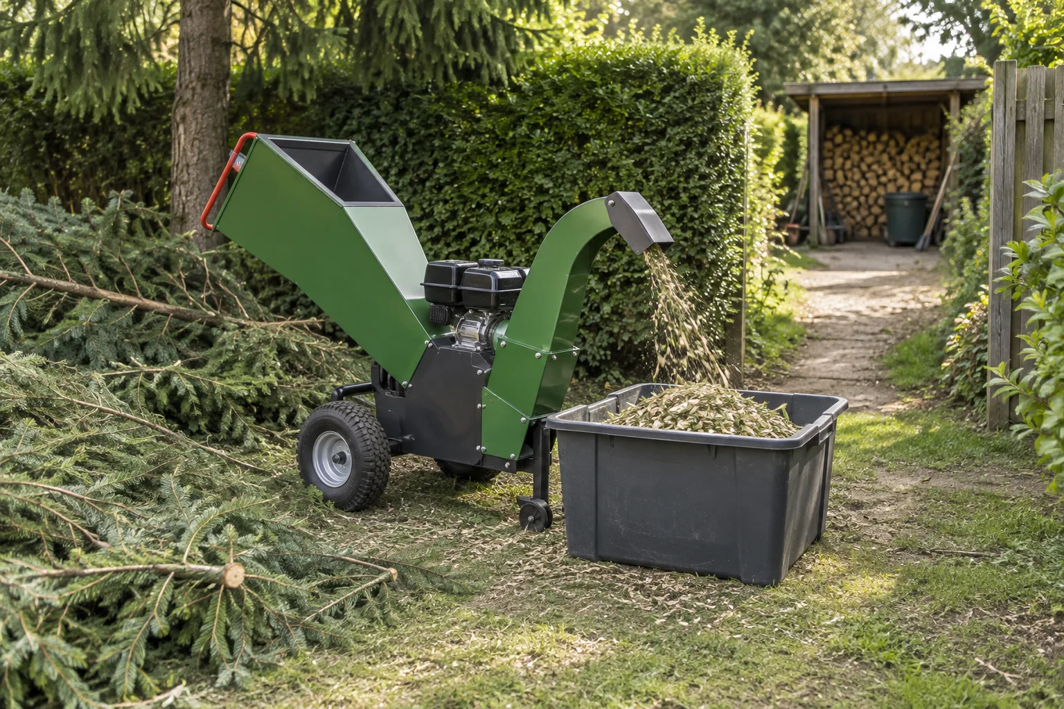 Broyeur de branches avec contenant de collecte dans un espace de jardin dégagé.
