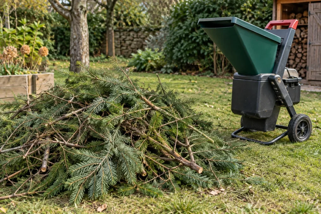 Rameaux de conifères feuillés déposés près d’un broyeur de branches dans un jardin.