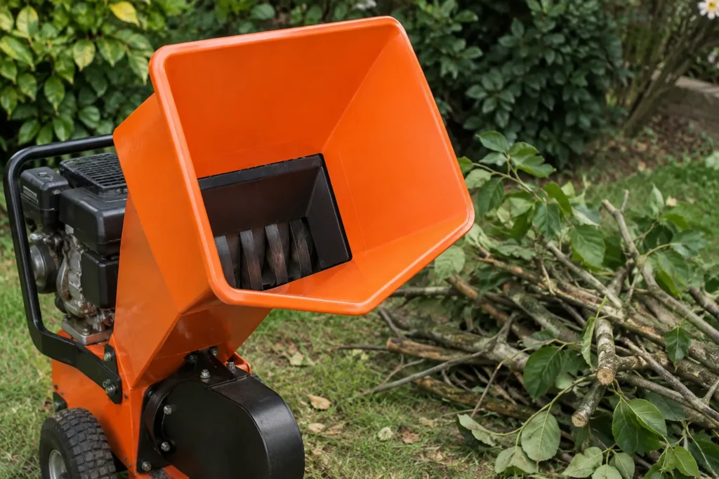 Trémie ouverte d’un broyeur de branches avec plusieurs rameaux posés à côté dans un jardin.